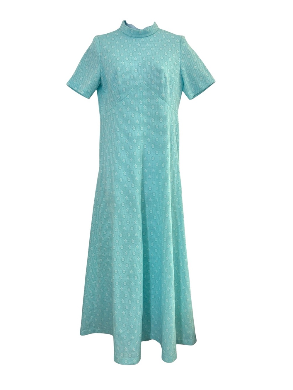handmade Vintage 60s 70s Aqua High-Neck Short Sleeve Maxi A-line Dress